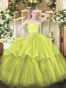 Lovely Zipper Sweet 16 Dress Olive Green for Military Ball and Sweet 16 and Quinceanera with Beading and Lace and Ruffled Layers Brush Train