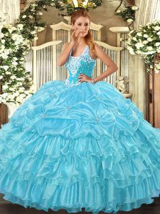 Modest Sleeveless Beading and Ruffled Layers and Pick Ups Lace Up Quinceanera Gowns