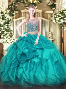  Organza Scoop Sleeveless Lace Up Beading and Ruffles Quinceanera Dress in Teal 