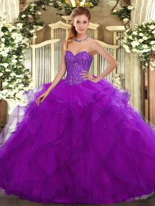 Extravagant Beading and Ruffles Quince Ball Gowns Purple Lace Up Sleeveless Floor Length