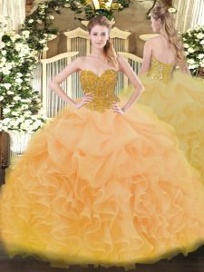 Beautiful Gold Ball Gowns Sweetheart Sleeveless Organza Floor Length Lace Up Beading and Ruffles Quince Ball Gowns
