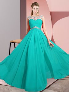 Smart Turquoise Chiffon Clasp Handle Scoop Sleeveless Floor Length Evening Dress Beading