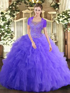  Scoop Sleeveless Clasp Handle Quinceanera Gowns Lavender Tulle