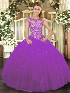  Floor Length Lace Up Ball Gown Prom Dress Eggplant Purple for Sweet 16 and Quinceanera with Beading and Appliques
