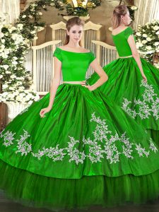Sexy Green Zipper Quinceanera Gowns Embroidery Short Sleeves Floor Length