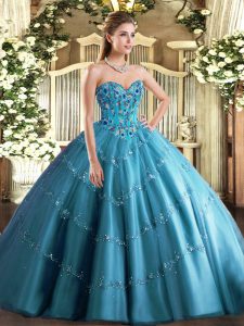 Pretty Teal Sleeveless Appliques and Embroidery Floor Length Sweet 16 Dress