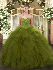 Chic Sleeveless Tulle Floor Length Lace Up Quinceanera Gown in Olive Green with Beading