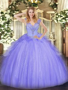  Lavender Tulle Lace Up Quinceanera Dresses Sleeveless Floor Length Beading