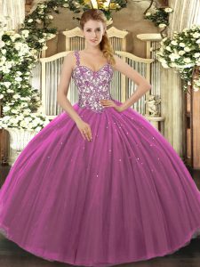  Purple Lace Up Straps Beading and Appliques Quinceanera Gown Tulle Sleeveless