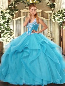 Sophisticated Aqua Blue Tulle Lace Up Straps Sleeveless Floor Length Vestidos de Quinceanera Beading and Ruffles
