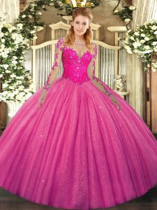 Fashionable Scoop Long Sleeves Lace Up Quinceanera Dress Hot Pink Tulle