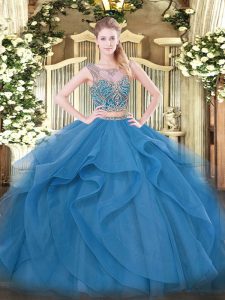  Sleeveless Tulle Floor Length Lace Up Quinceanera Gowns in Blue with Beading and Ruffles