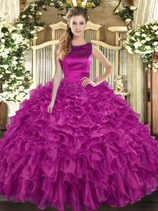 Pretty Fuchsia Ball Gowns Ruffles Ball Gown Prom Dress Lace Up Organza Sleeveless Floor Length