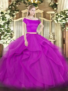 Beauteous Floor Length Zipper Quince Ball Gowns Fuchsia for Military Ball and Sweet 16 and Quinceanera with Appliques and Ruffles