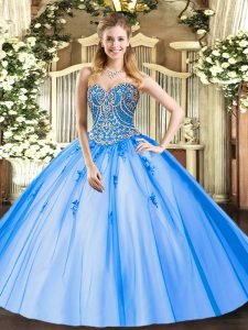  Blue Ball Gowns Beading and Appliques Quinceanera Gowns Lace Up Tulle Sleeveless Floor Length