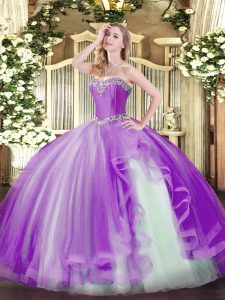New Style Sleeveless Tulle Floor Length Lace Up Sweet 16 Dresses in Lavender with Beading and Ruffles