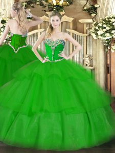 Admirable Sleeveless Floor Length Beading and Ruffled Layers Lace Up Quinceanera Gowns with Green