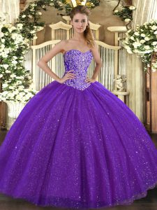 Romantic Tulle Sweetheart Sleeveless Lace Up Beading 15th Birthday Dress in Purple