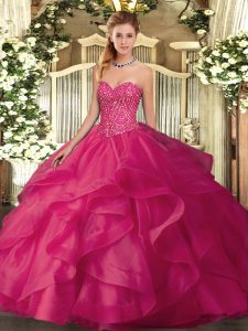 High End Hot Pink Ball Gowns Beading and Ruffles Quinceanera Dress Lace Up Tulle Sleeveless Floor Length