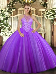 Discount Floor Length Lavender Sweet 16 Dresses High-neck Sleeveless Lace Up