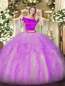 Extravagant Short Sleeves Tulle Floor Length Zipper Quinceanera Dresses in Lilac with Appliques and Ruffles