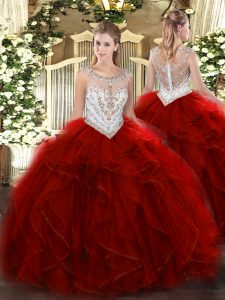 Cheap Wine Red Ball Gowns Scoop Sleeveless Tulle Floor Length Zipper Beading and Ruffles Quinceanera Gown
