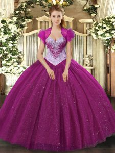 Top Selling Floor Length Fuchsia 15th Birthday Dress Sweetheart Sleeveless Lace Up