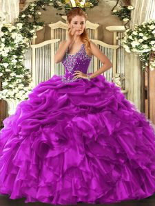 Beauteous Fuchsia Sleeveless Organza Lace Up Vestidos de Quinceanera for Military Ball and Sweet 16 and Quinceanera