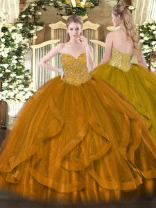 Suitable Gold 15th Birthday Dress Military Ball and Sweet 16 and Quinceanera with Beading and Ruffles Sweetheart Sleeveless Lace Up