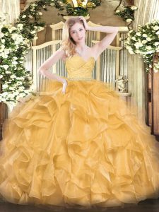 Fashionable Organza Sweetheart Sleeveless Zipper Beading and Lace and Ruffles Quinceanera Dress in Gold