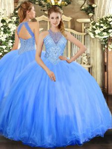  Blue Sleeveless Tulle Lace Up Quinceanera Gowns for Military Ball and Sweet 16 and Quinceanera