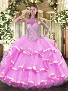 New Arrival Ball Gowns Quinceanera Dress Rose Pink Halter Top Organza Sleeveless Floor Length Lace Up