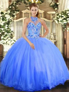 Noble Sleeveless Floor Length Embroidery Lace Up Quinceanera Gown with Blue