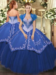  Blue Ball Gowns Satin and Tulle Sweetheart Sleeveless Beading and Embroidery Floor Length Lace Up Quinceanera Gown