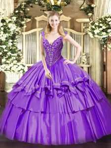  V-neck Sleeveless Lace Up Quince Ball Gowns Lavender Organza and Taffeta