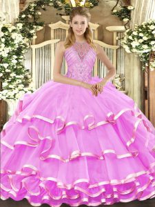  Lilac Ball Gowns Beading and Ruffled Layers Sweet 16 Quinceanera Dress Lace Up Organza Sleeveless Floor Length