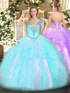 Comfortable Aqua Blue Organza Lace Up V-neck Sleeveless Floor Length Quinceanera Gowns Beading and Ruffles
