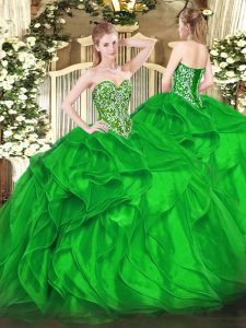 Green Organza Lace Up Sweetheart Sleeveless Floor Length 15th Birthday Dress Beading and Ruffles