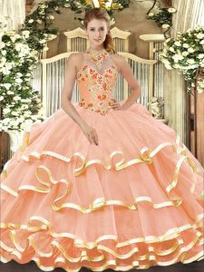  Peach Ball Gowns Halter Top Sleeveless Organza Floor Length Lace Up Beading and Embroidery Quinceanera Dress