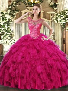 New Arrival Fuchsia Scoop Neckline Beading and Ruffles 15 Quinceanera Dress Sleeveless Lace Up