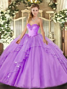 Extravagant Lavender Tulle Lace Up Sweetheart Sleeveless Floor Length Sweet 16 Dress Beading and Ruffles