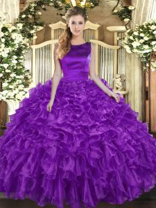  Eggplant Purple Sleeveless Organza Lace Up Quinceanera Dresses for Military Ball and Sweet 16 and Quinceanera