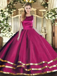  Fuchsia Sleeveless Tulle Lace Up Ball Gown Prom Dress for Military Ball and Sweet 16 and Quinceanera