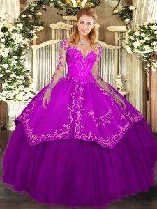 High Quality Purple Long Sleeves Floor Length Lace and Embroidery Lace Up 15th Birthday Dress