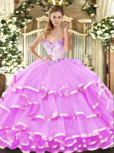  Lilac Ball Gowns Beading and Ruffled Layers Quinceanera Gowns Lace Up Organza Sleeveless Floor Length