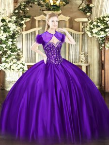 Glittering Purple Lace Up Quince Ball Gowns Beading Sleeveless Floor Length
