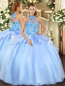  Halter Top Sleeveless Quinceanera Gown Floor Length Embroidery Baby Blue Organza