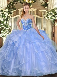  Sleeveless Floor Length Beading and Ruffles Lace Up Quinceanera Gown with Blue