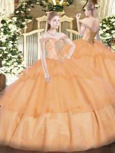  Floor Length Orange Quinceanera Dress Organza Sleeveless Beading and Ruffled Layers