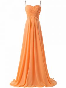 High Quality Orange Spaghetti Straps Criss Cross Ruching Prom Party Dress Sweep Train Sleeveless